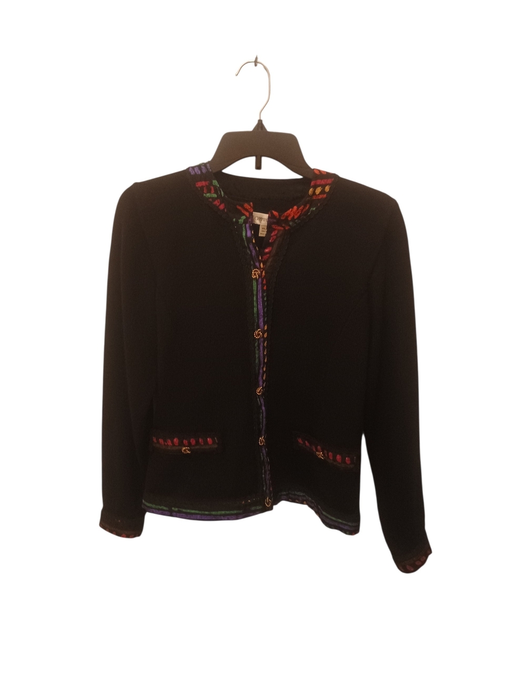 Anne Crimminys Black Knit Embroidered Sweater Cardigan with Multicolor Trim
